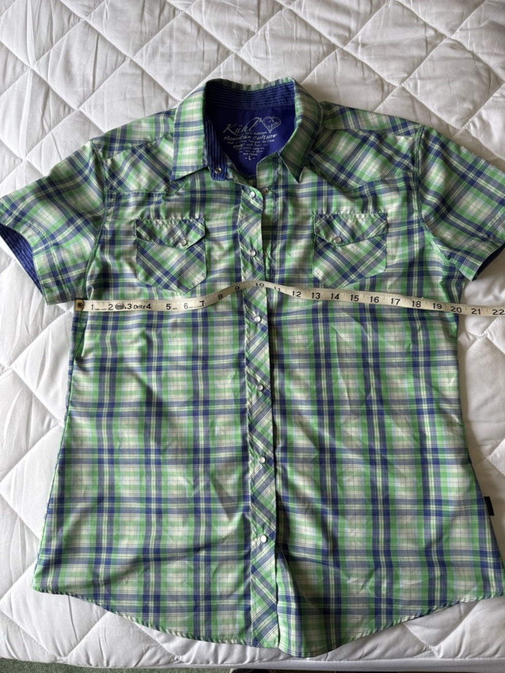 Kuhl women’s Ionik Short Sleeve snap front Plaid Shirt in Green & Blue